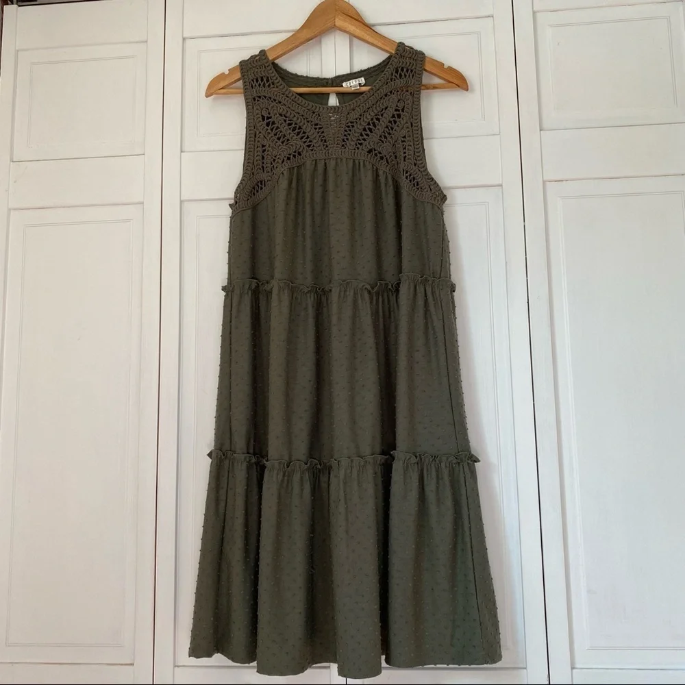 Spense Swiss Dot Tiered Midi Dress with Macrame Yoke Button Closure EUC Size: M - Picture 1 of 7